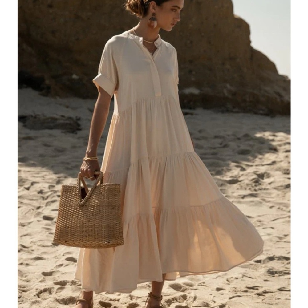 Bohme Cream Tiered Midi Flowy Dress